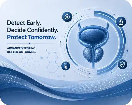 Prostate screening illustration with Nutech's Detect Early, Decide Confidently, Protect Tomorrow message